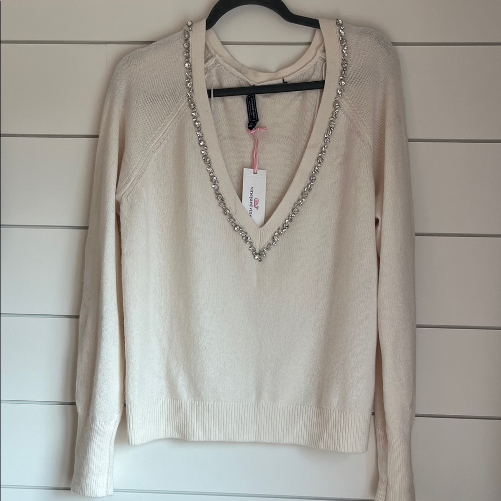 Vineyard Vines Cream Merino Wool Sweater with Embellished Neckline Size XL NWT